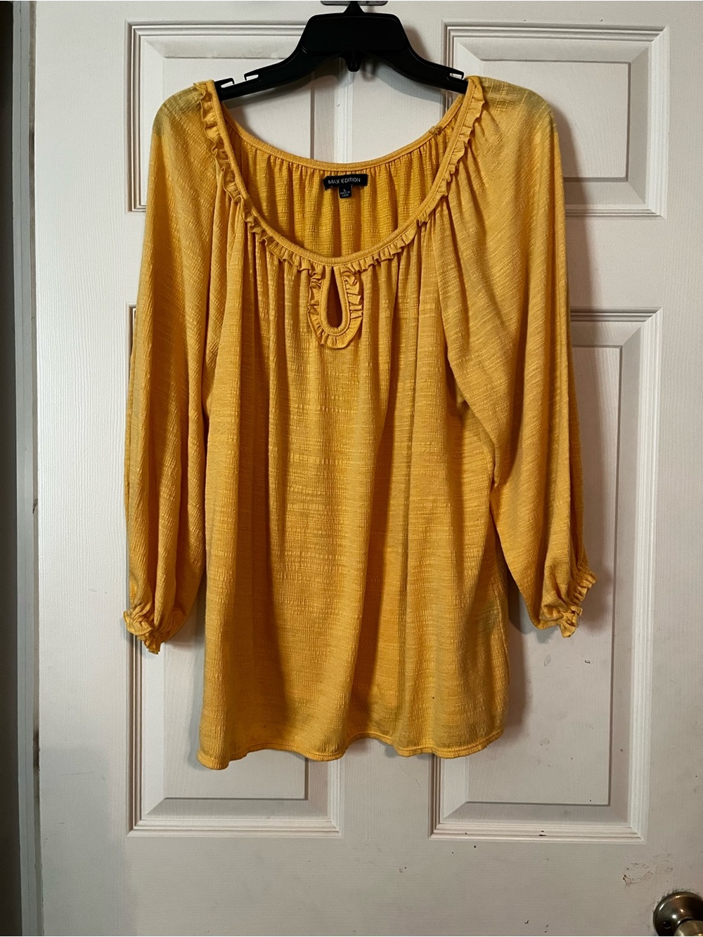Max Studio Mustard Yellow Peasant Blouse with Ruffle Keyhole